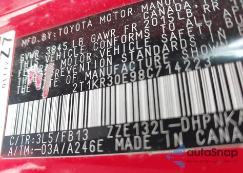 2008 Toyota Matrix Xr из США, поврежденный, VIN 2T1KR30E98C714223